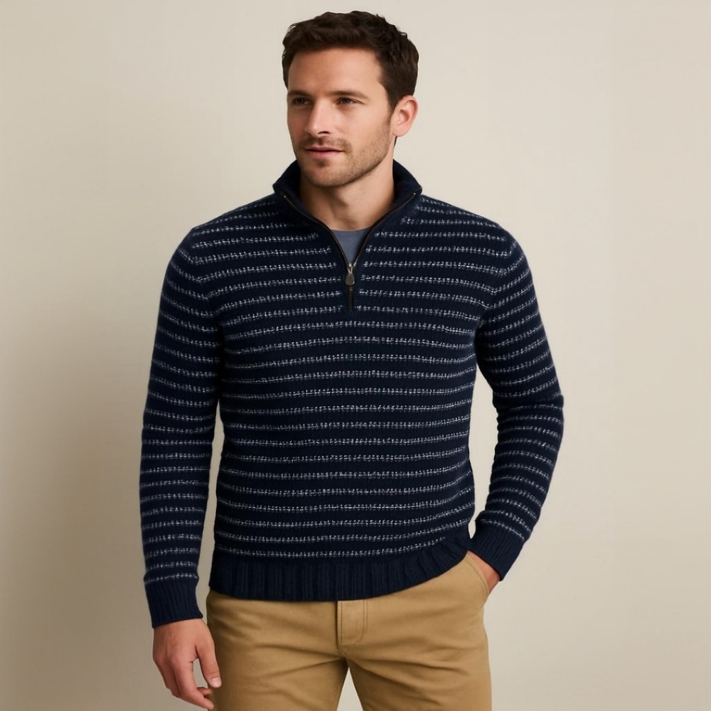 Men’s Blue Alpaca-Blend 1/4 Zip Sweater | Knit Elbow Patches | XL